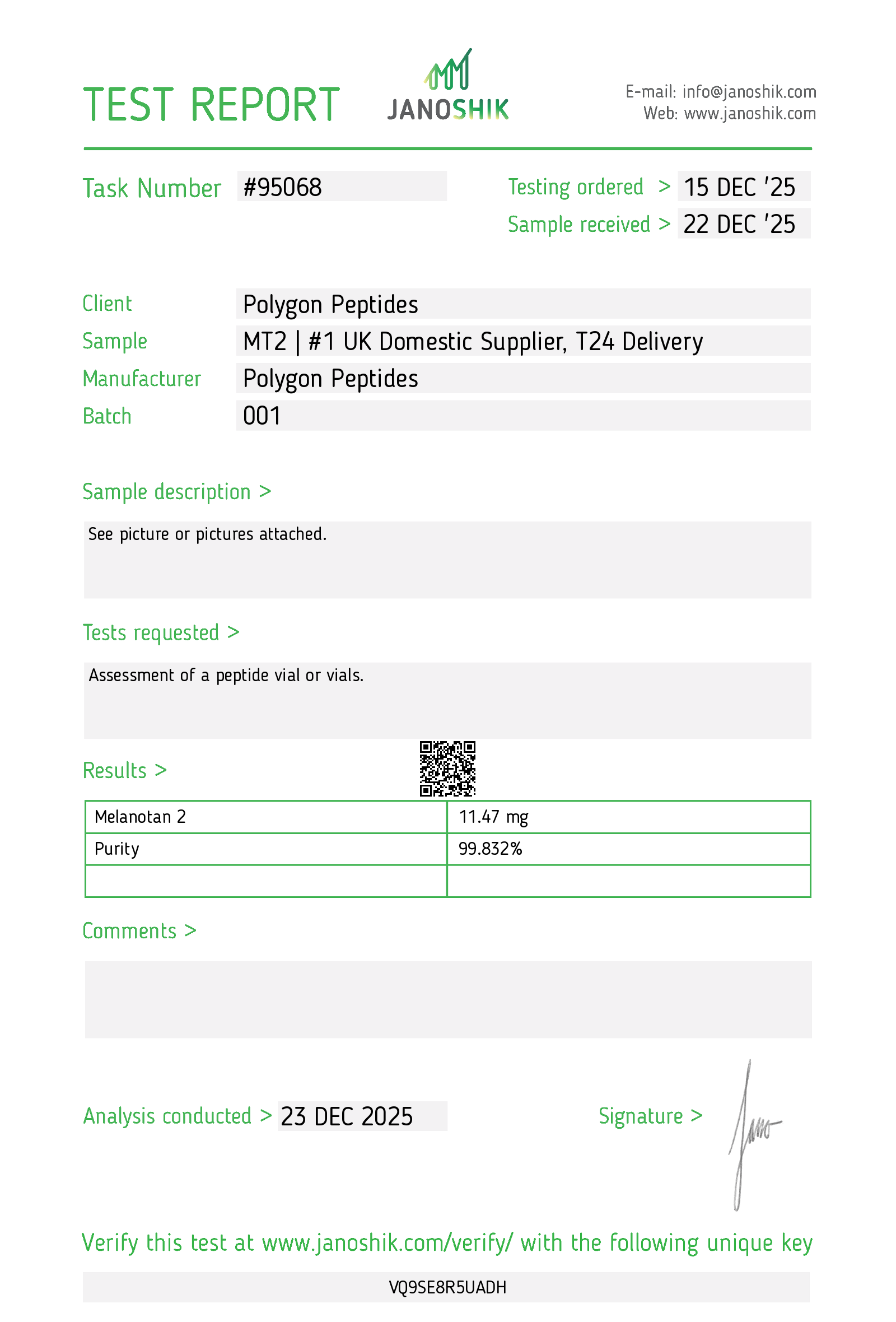 MT2 10mg Certificate of Analysis