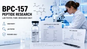 bpc 157 research overview with peptide vial and lab documents