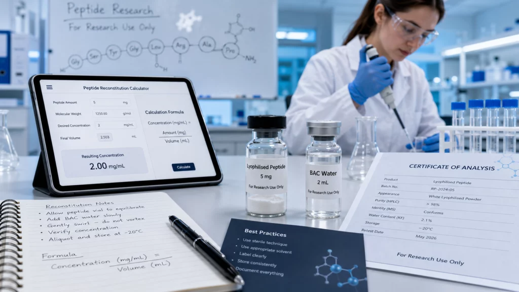 reconstitute peptides research setup with bac water and calculator