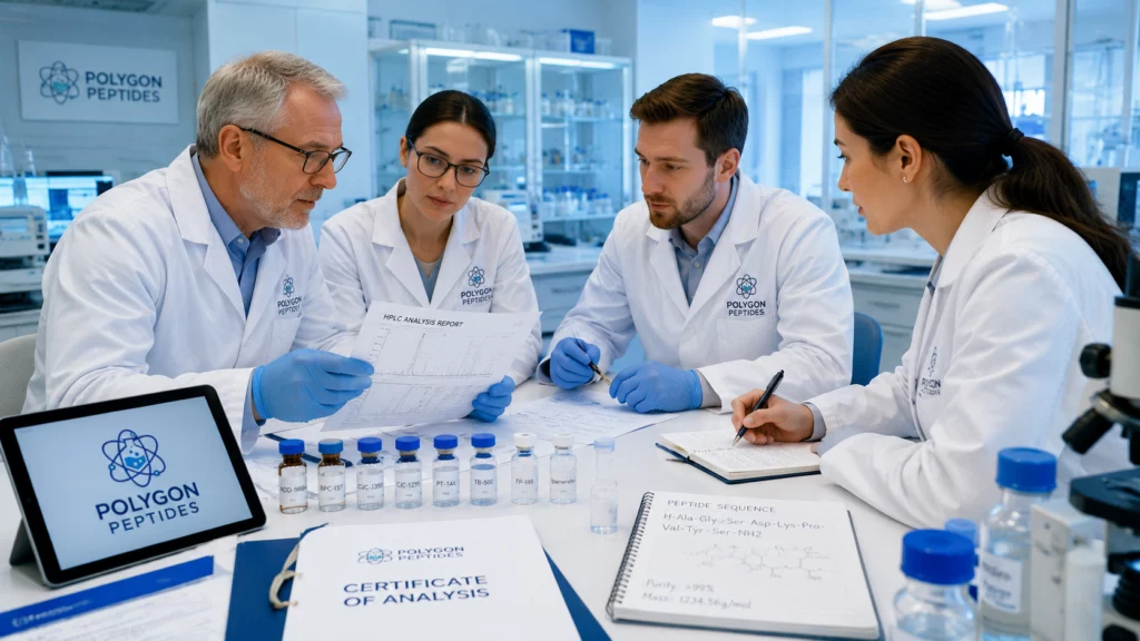polygon peptides researchers reviewing hplc analysis, coa documents, and peptide vials in a uk lab