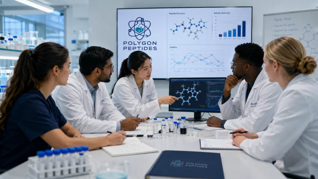 research peptides uk 2026 discussion in a polygon peptides laboratory with scientists reviewing peptide structure data