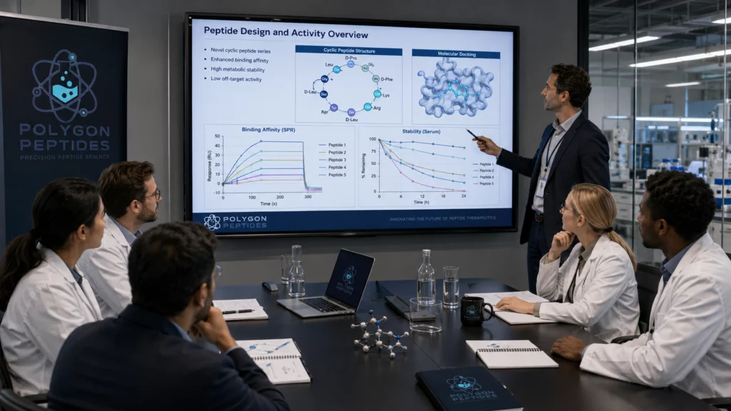 Top 5 Most Researched Peptides in the UK 2026 research peptides uk 2026 presentation showing peptide design, stability data, and laboratory research team meeting