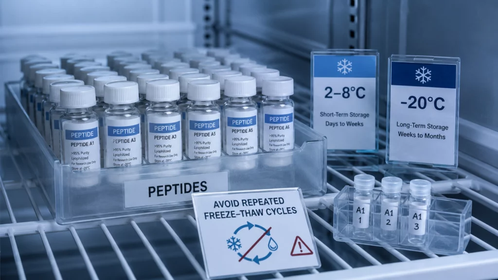 peptide storage guide showing cold storage and freeze thaw cycle warning