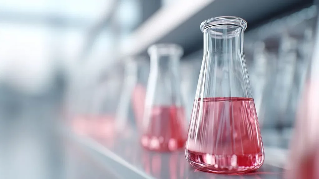 erlenmeyer flask red liquid research laboratory peptide testing