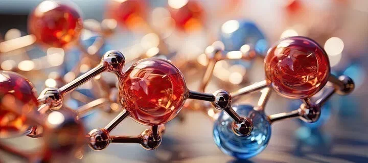 red and blue molecular model peptide compound purity analysis