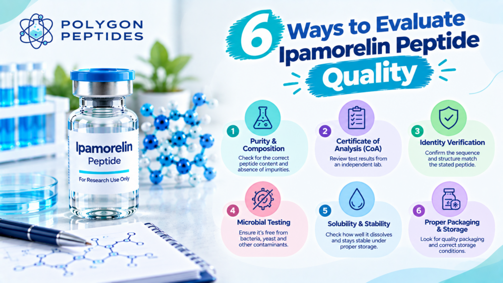 Ipamorelin peptide quality evaluation infographic